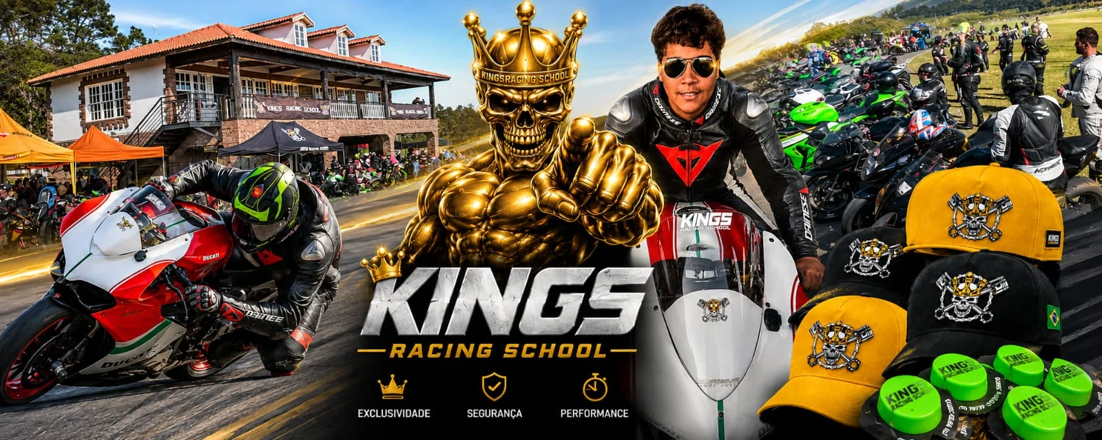 Motociclista em pista durante evento de pilotagem esportiva da Kings Racing School